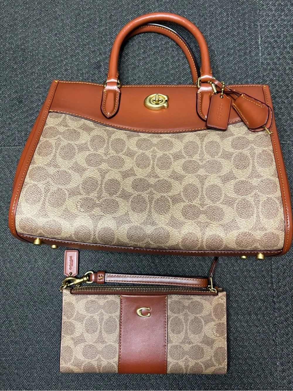 Coach Brown/Tan Signature Satchel with Matching Wristlet